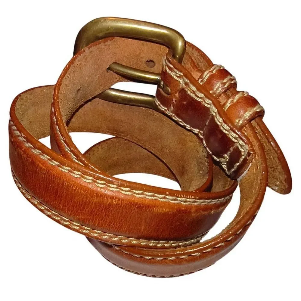 Vintage genuine leather stitched belt Size 32 brass hardware Taiwan cowboy rodeo